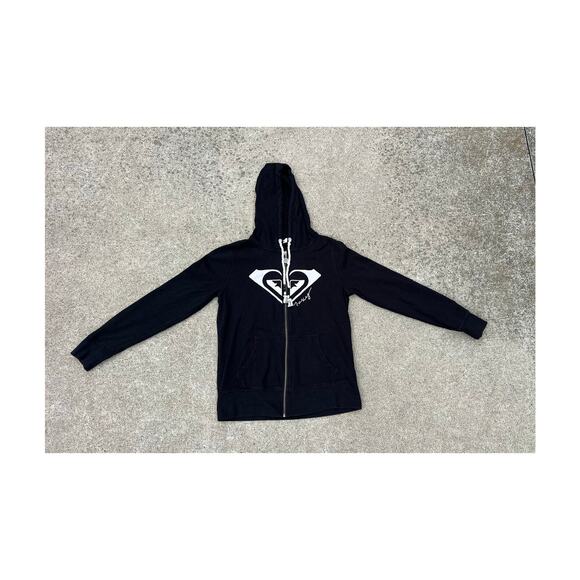 Y2K Roxy Sweater Women Size Large Black Hooded Zip Up Drawstrings Sweatshirt - Picture 1 of 6